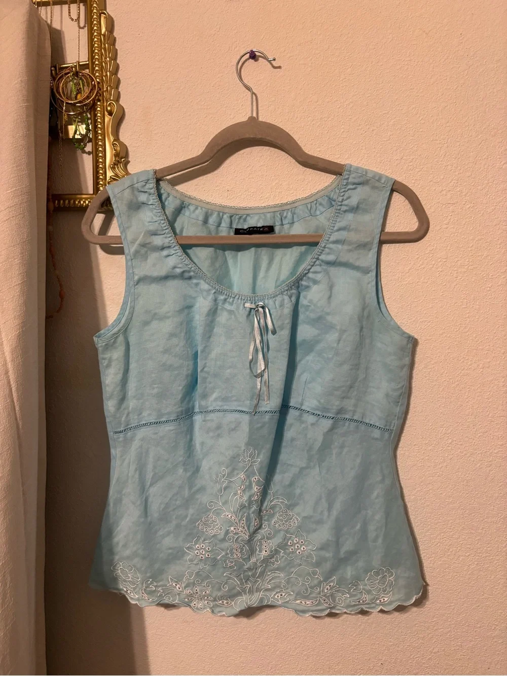 Cliopatra Light Blue Embroidered Linen-Blend Tank